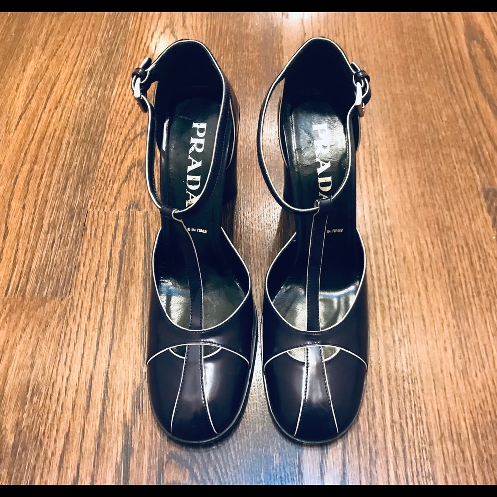 Prada Mary-Jane Leather T-Strap Pumps (Size 36.5)